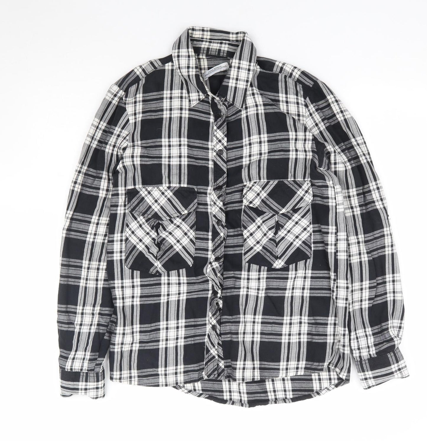 Zara Womens Black Plaid 100% Cotton Jersey Button-Up Size XS Collared