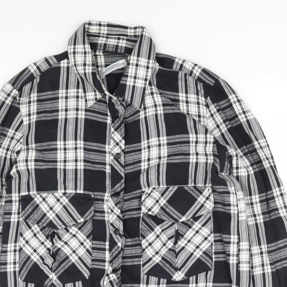 Zara Womens Black Plaid 100% Cotton Jersey Button-Up Size XS Collared