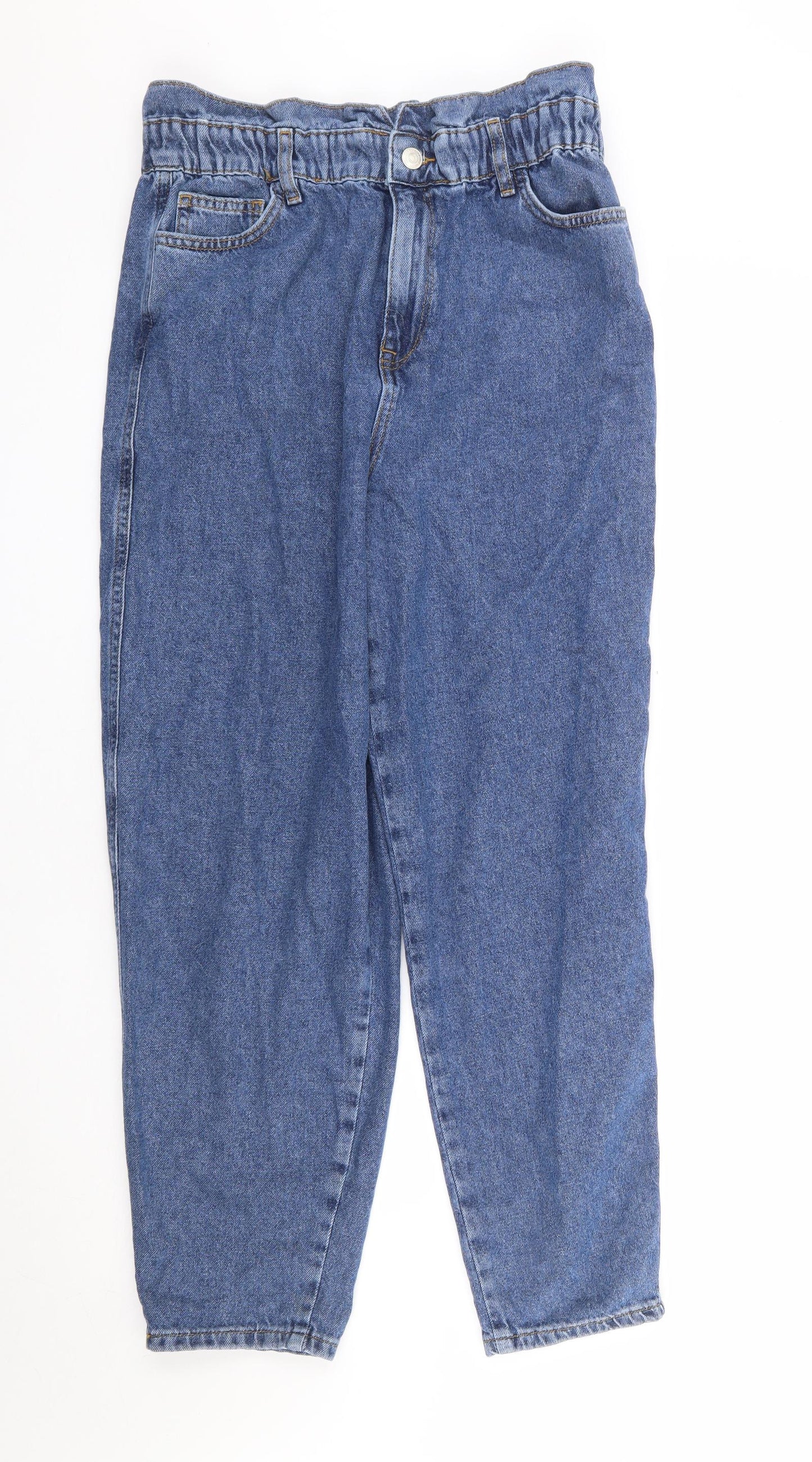 F&F Womens Blue Cotton Straight Jeans Size 10 L28 in Regular Zip - Paperbag Waist