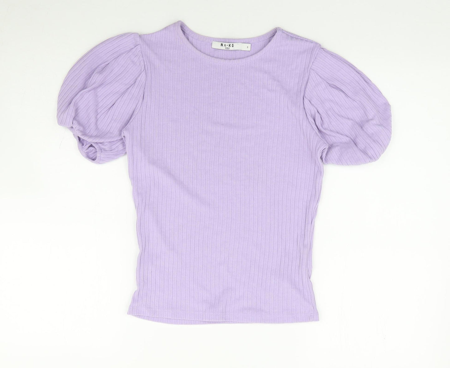 NA-KD Womens Purple Polyester Basic T-Shirt Size S Round Neck - Puff Sleeve