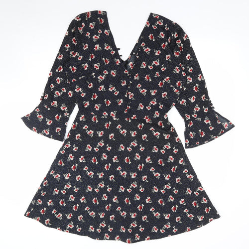 Influence Womens Black Floral Polyester A-Line Size 8 V-Neck Zip