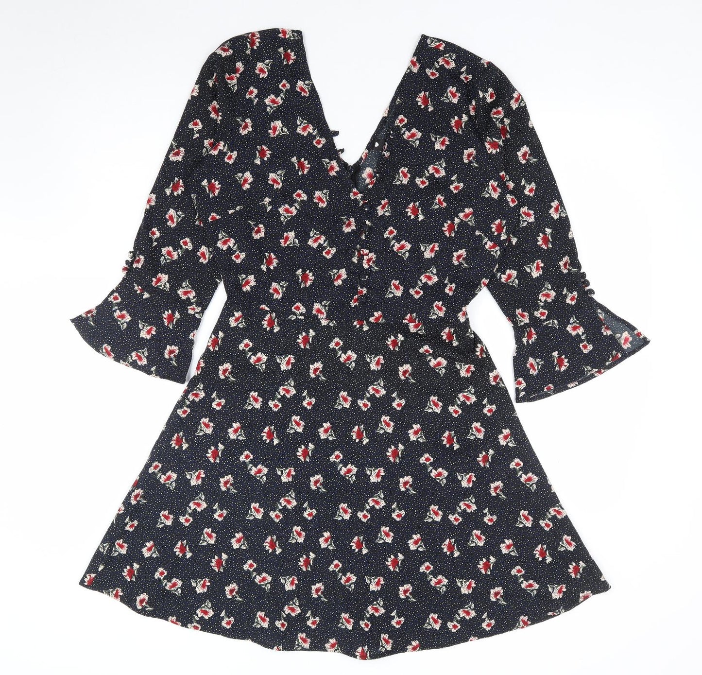 Influence Womens Black Floral Polyester A-Line Size 8 V-Neck Zip