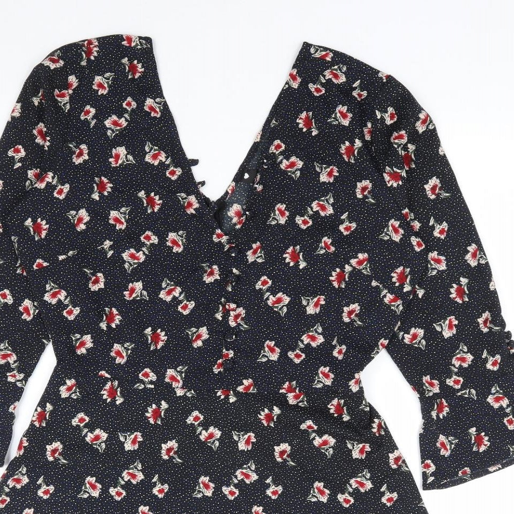 Influence Womens Black Floral Polyester A-Line Size 8 V-Neck Zip