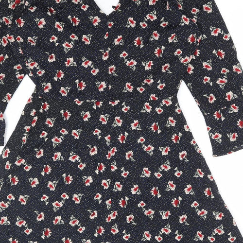 Influence Womens Black Floral Polyester A-Line Size 8 V-Neck Zip