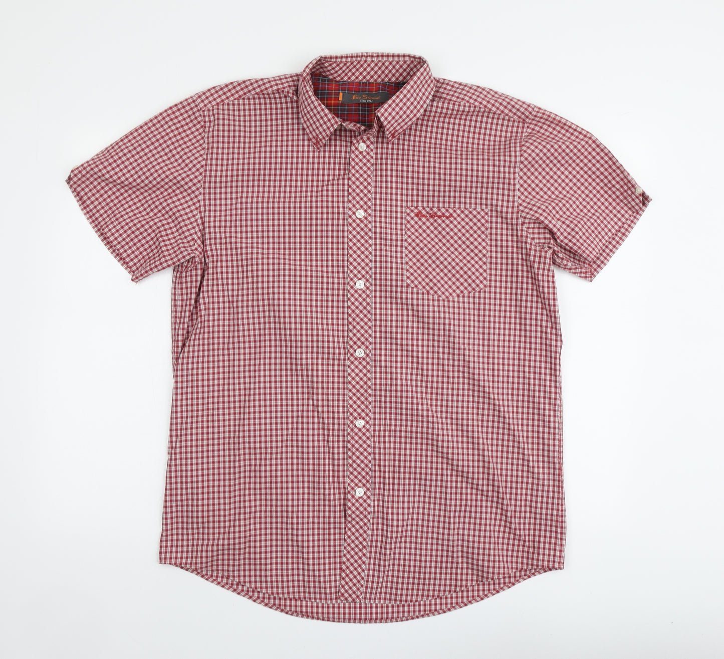 Ben Sherman Mens Red Plaid Cotton Button-Up Size L Collared Button