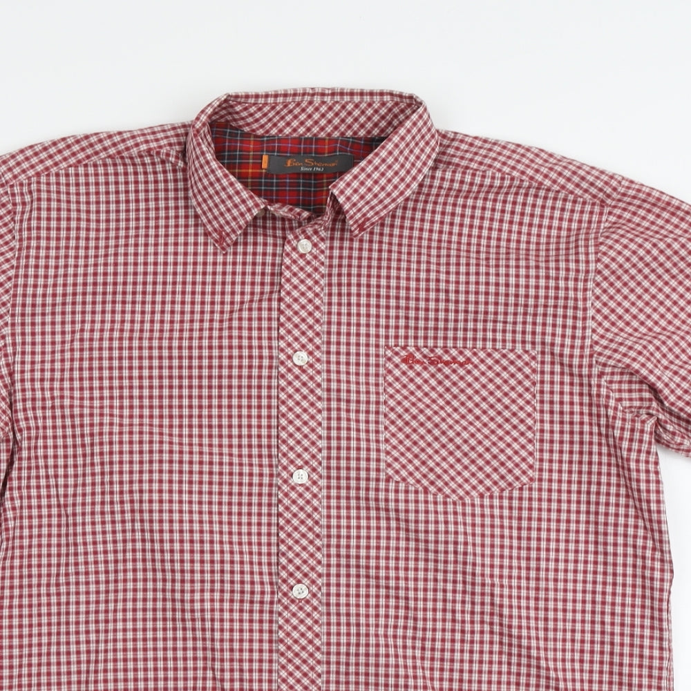 Ben Sherman Mens Red Plaid Cotton Button-Up Size L Collared Button