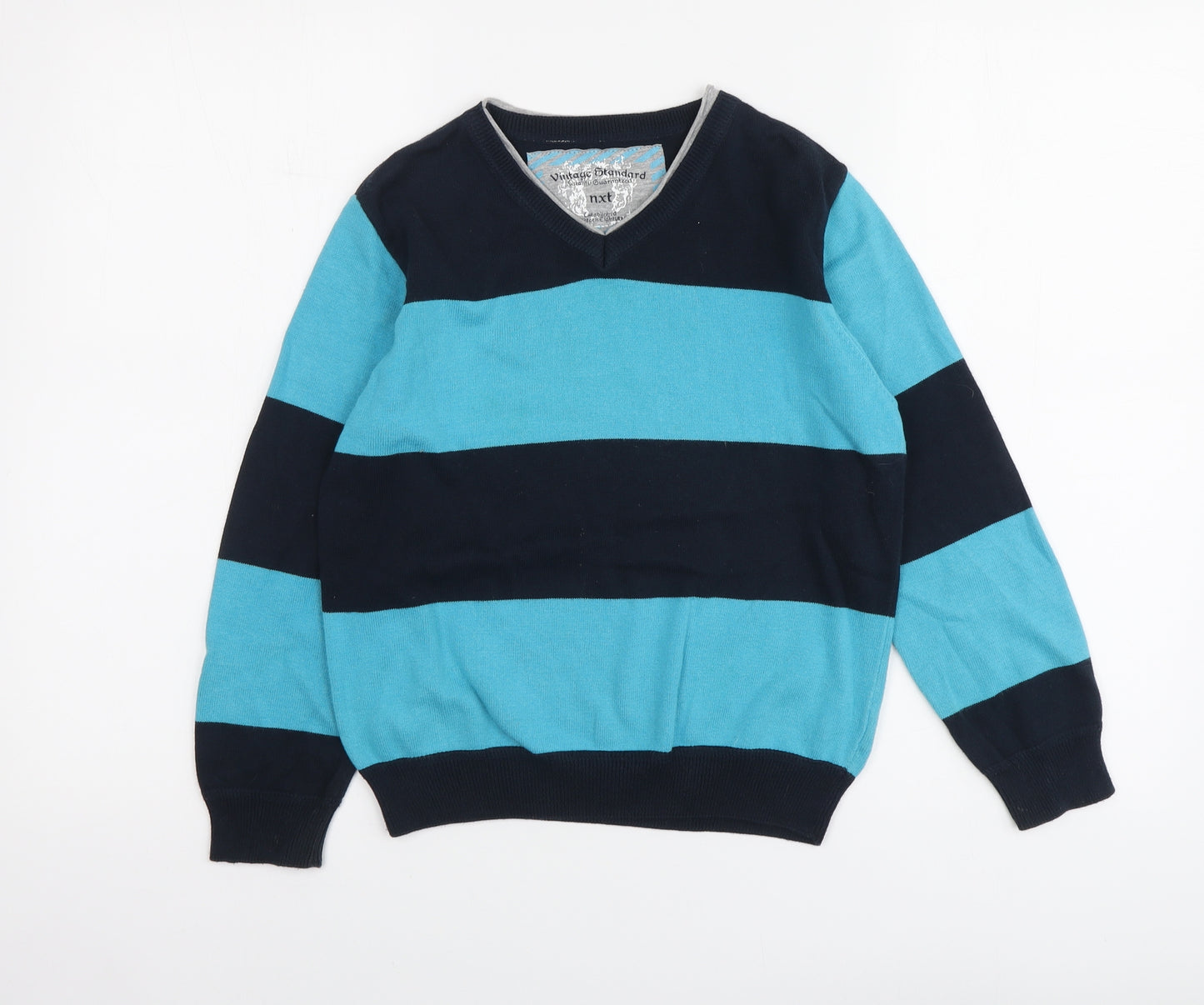 NEXT Boys Blue V-Neck Striped Cotton Pullover Jumper Size 7-8 Years