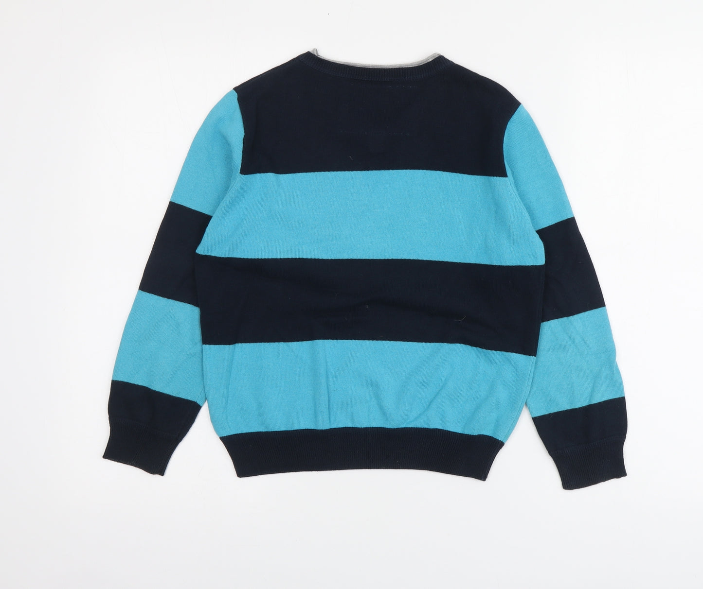 NEXT Boys Blue V-Neck Striped Cotton Pullover Jumper Size 7-8 Years