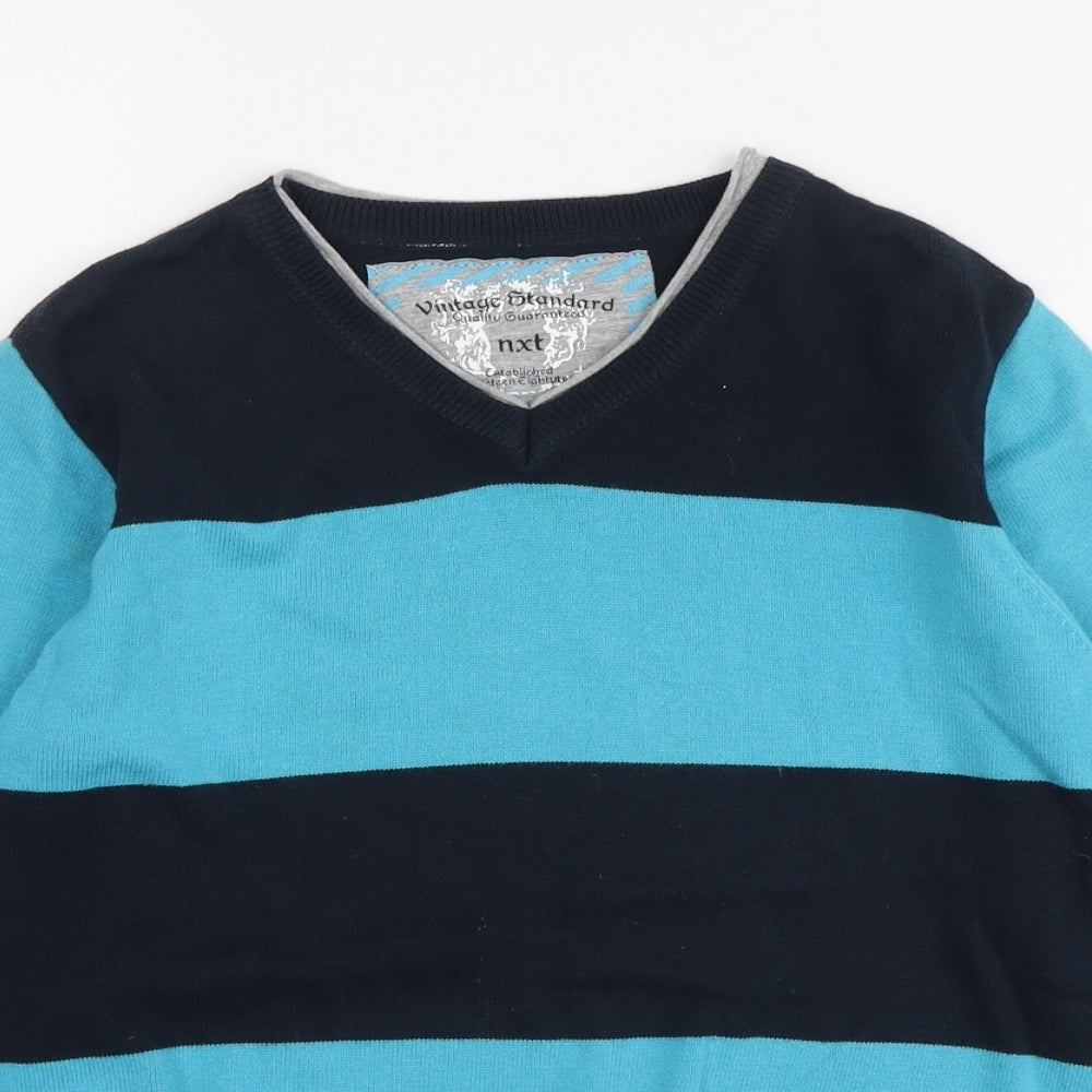NEXT Boys Blue V-Neck Striped Cotton Pullover Jumper Size 7-8 Years