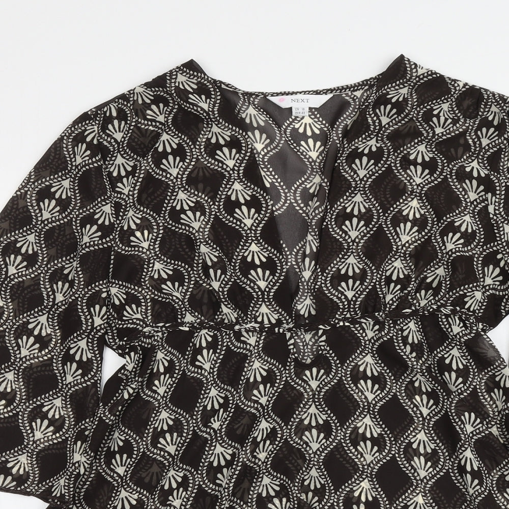 NEXT Womens Brown Geometric Polyester Basic Blouse Size 14 V-Neck