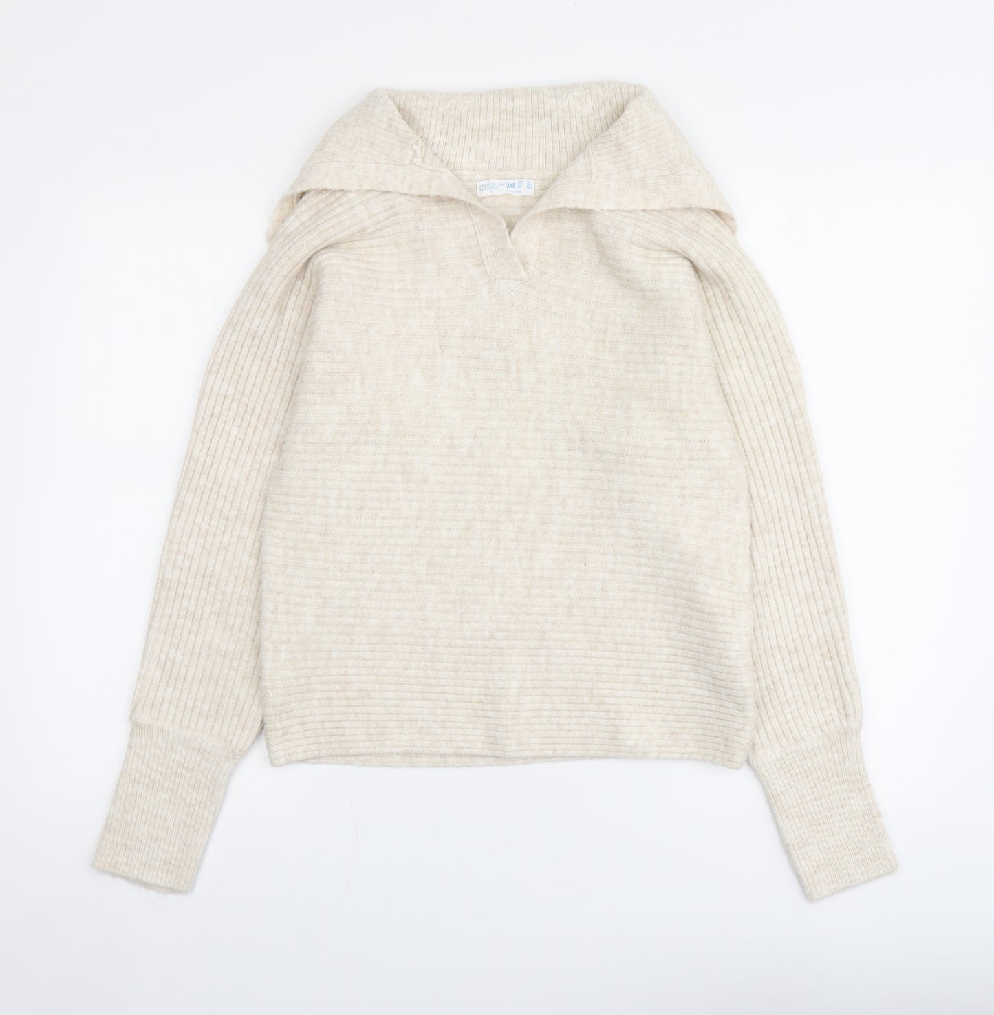 Primark Womens Beige Collared Acrylic Pullover Jumper Size 2XS - Oversized Collar