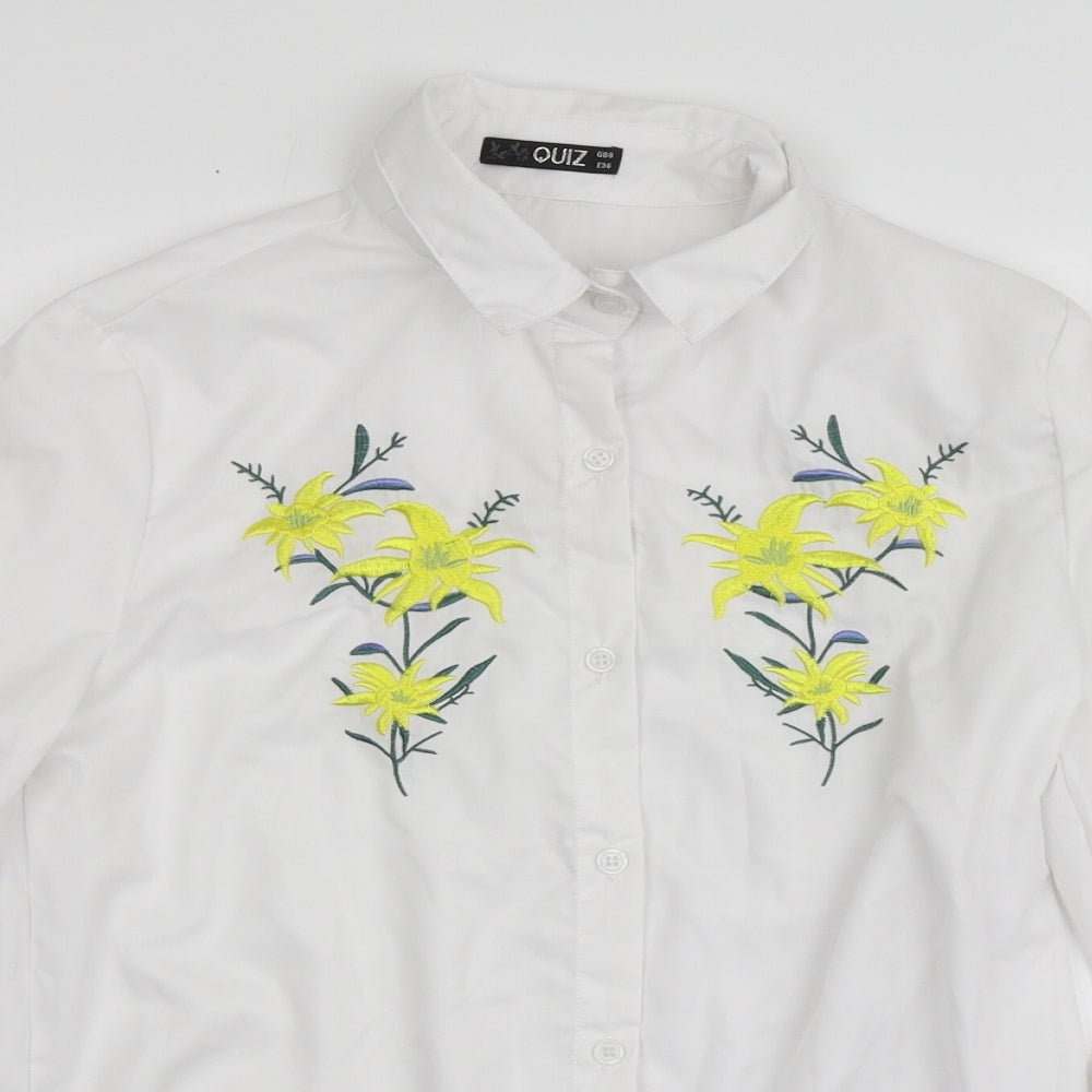 Quiz Womens White Viscose Basic Button-Up Size S Collared - Flower Ruffle Sleeve