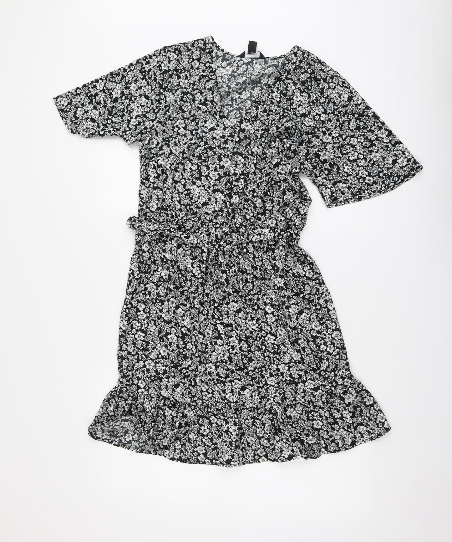 Primark Womens Black Floral Polyester Skater Dress Size 12 V-Neck Pullover