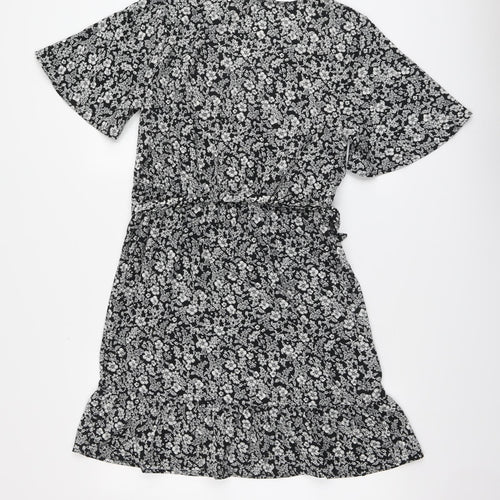 Primark Womens Black Floral Polyester Skater Dress Size 12 V-Neck Pullover