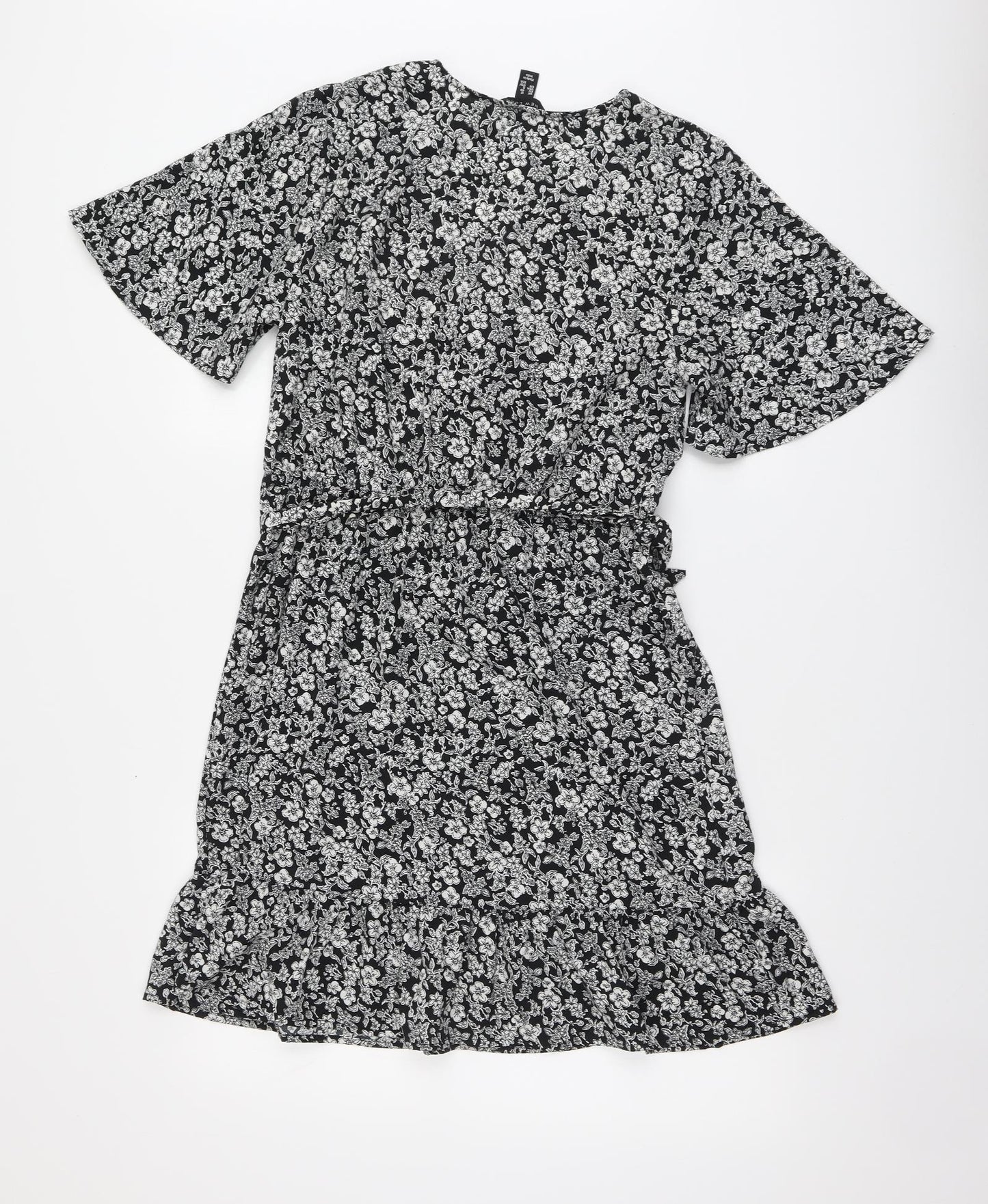 Primark Womens Black Floral Polyester Skater Dress Size 12 V-Neck Pullover