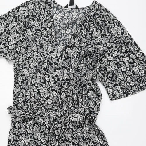 Primark Womens Black Floral Polyester Skater Dress Size 12 V-Neck Pullover