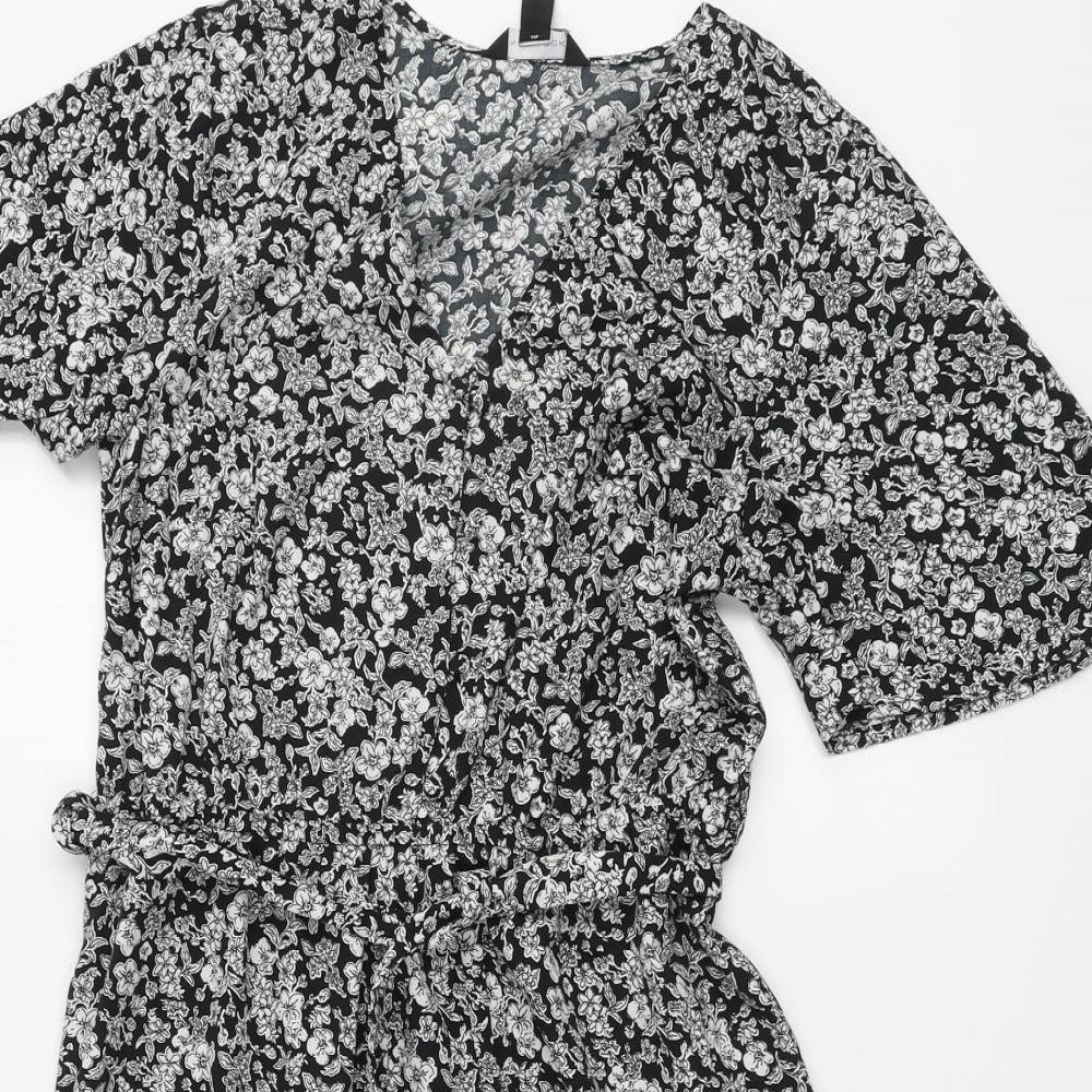 Primark Womens Black Floral Polyester Skater Dress Size 12 V-Neck Pullover