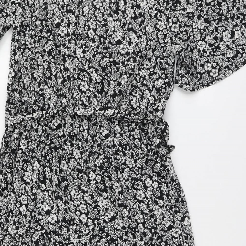 Primark Womens Black Floral Polyester Skater Dress Size 12 V-Neck Pullover