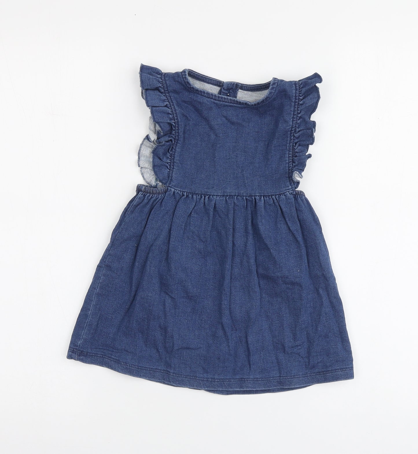 Dunnes Stores Girls Blue Cotton Skater Dress Size 12-18 Months Round Neck Button