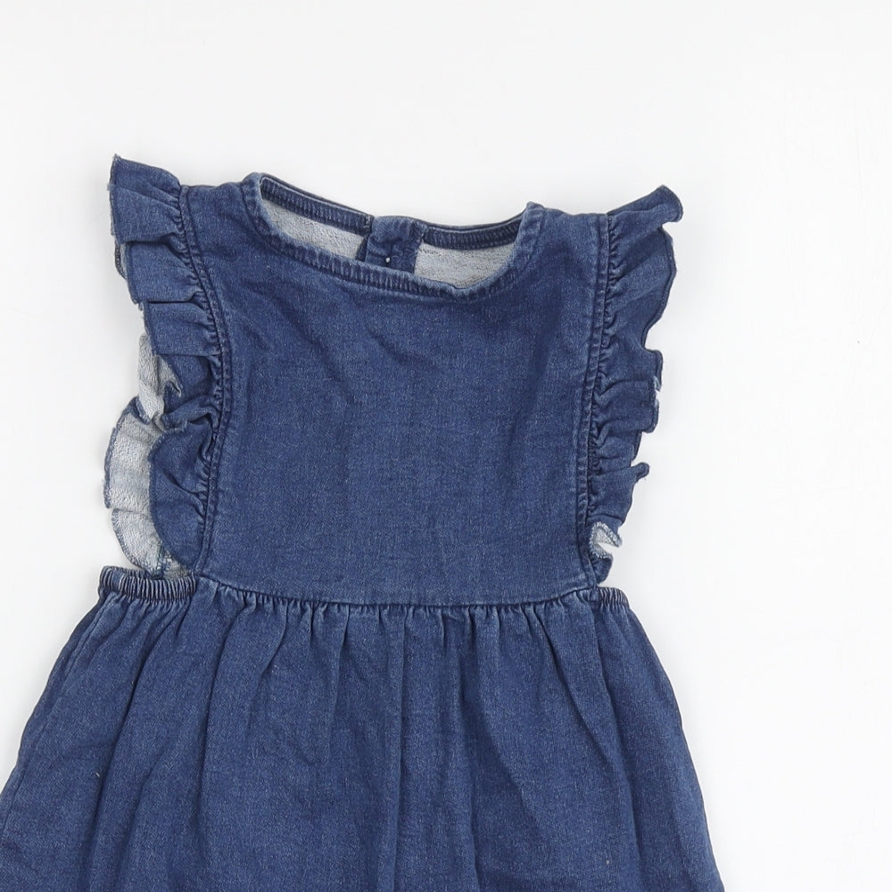 Dunnes Stores Girls Blue Cotton Skater Dress Size 12-18 Months Round Neck Button