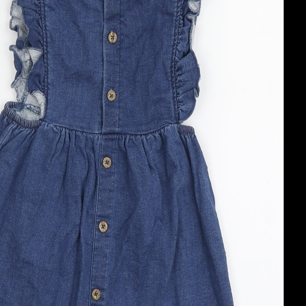 Dunnes Stores Girls Blue Cotton Skater Dress Size 12-18 Months Round Neck Button