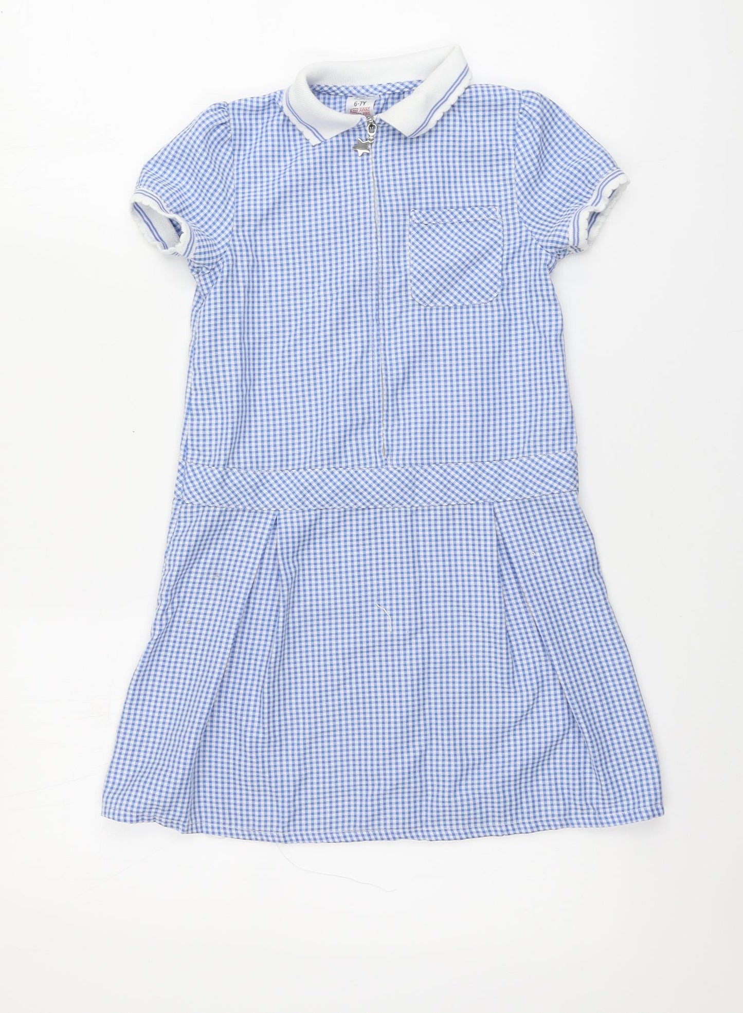 F&F Girls Blue Gingham Polyester A-Line Size 6-7 Years Collared Zip