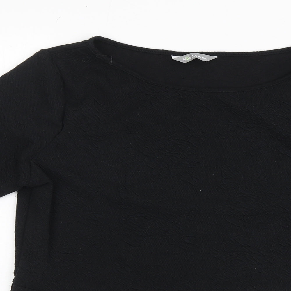 Marks and Spencer Womens Black Floral Polyester Basic T-Shirt Size 10 Round Neck - Peplum