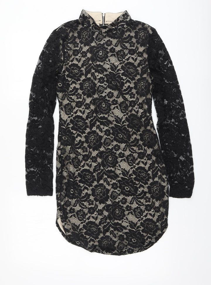 AX Womens Black Floral Polyester Bodycon Size 10 High Neck - Dipped Hem