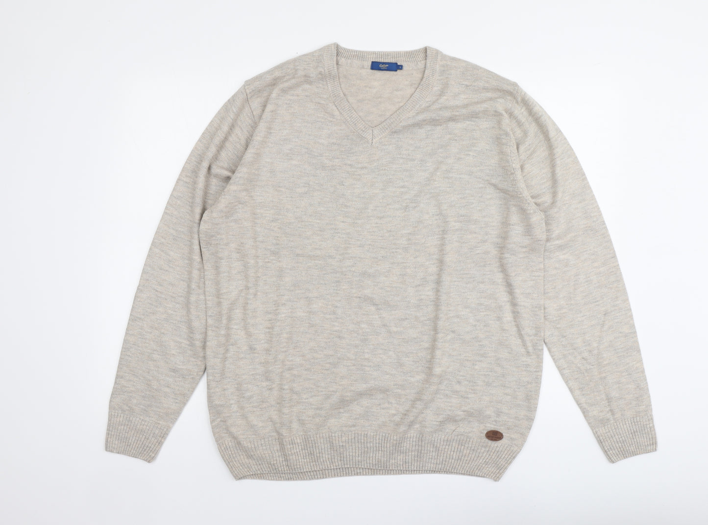 Cotton Traders Womens Beige V-Neck Acrylic Pullover Jumper Size L