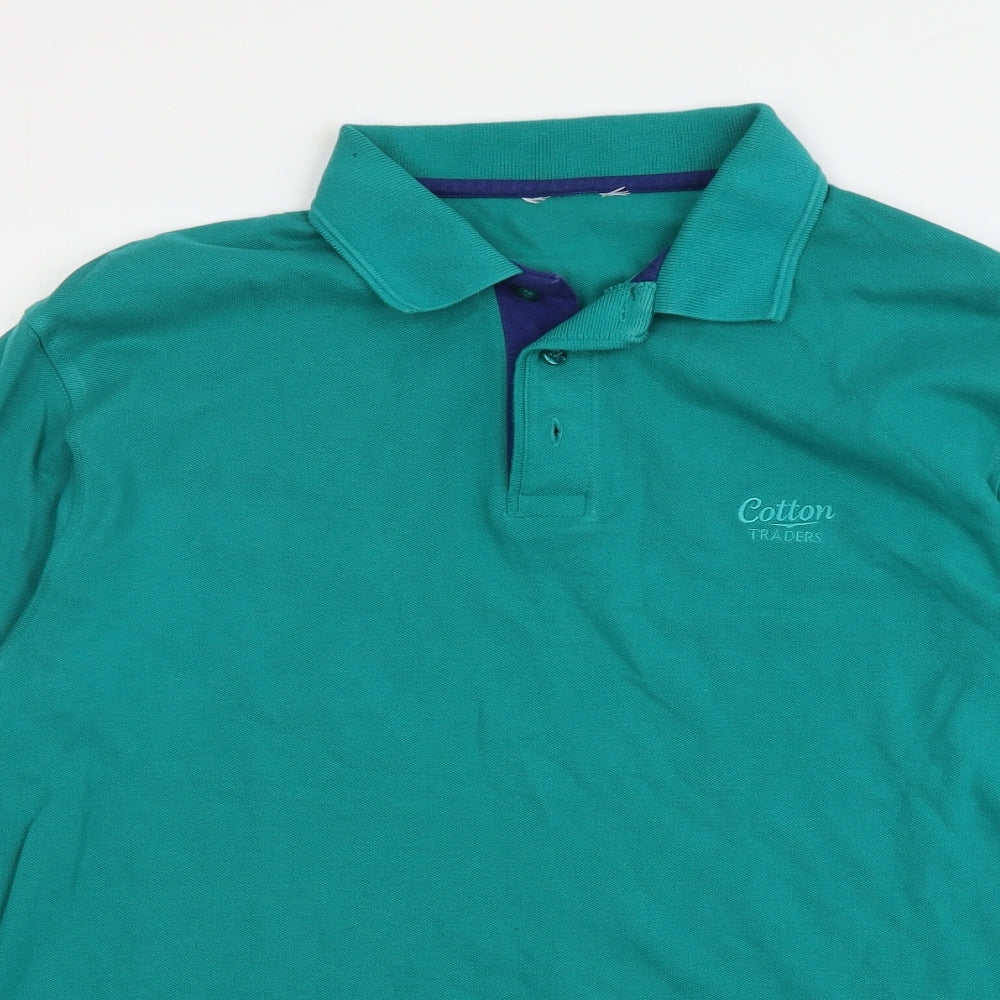 Cotton Traders Mens Green Cotton Polo Size M Collared Button