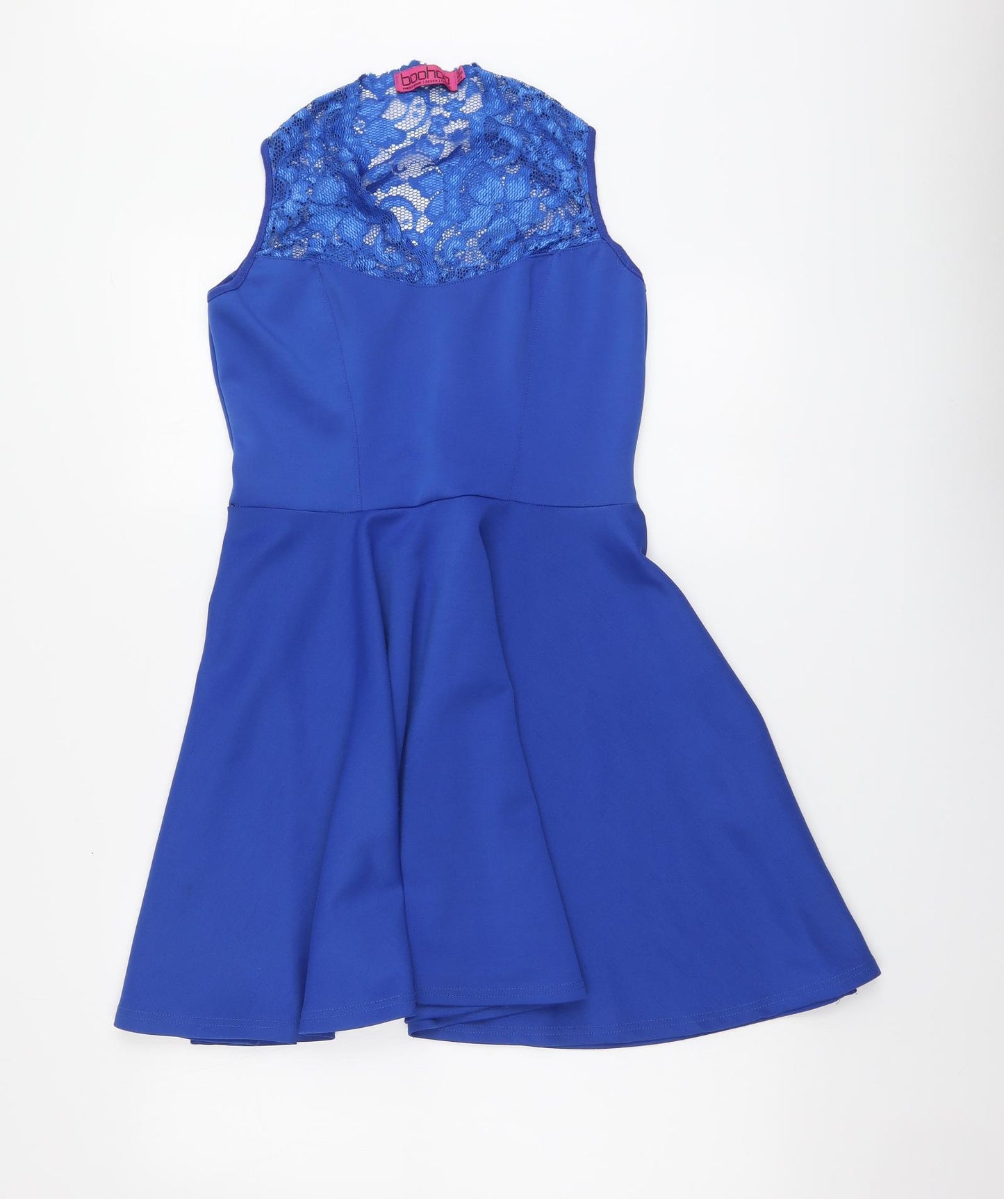 Boohoo Womens Blue Floral Polyester Skater Dress Size 14 Round Neck