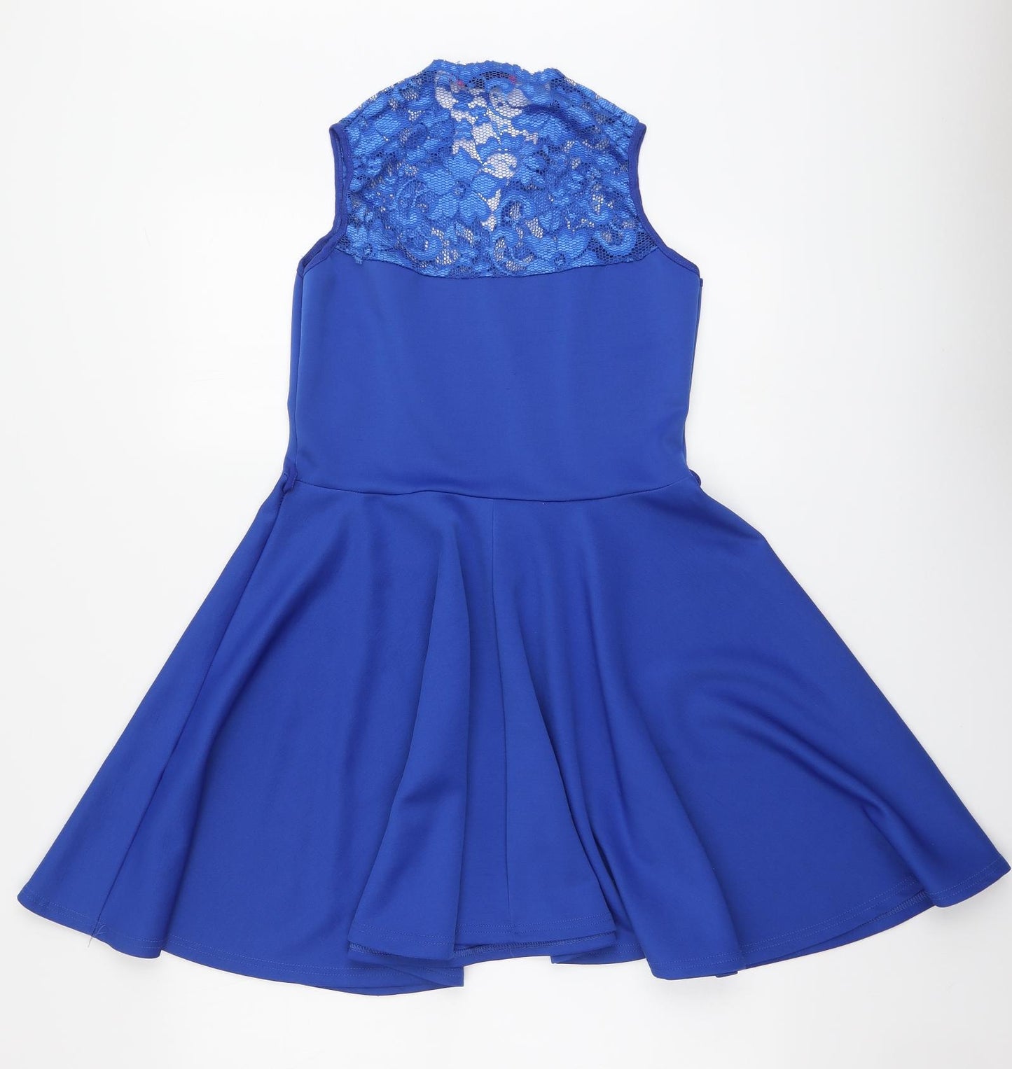 Boohoo Womens Blue Floral Polyester Skater Dress Size 14 Round Neck
