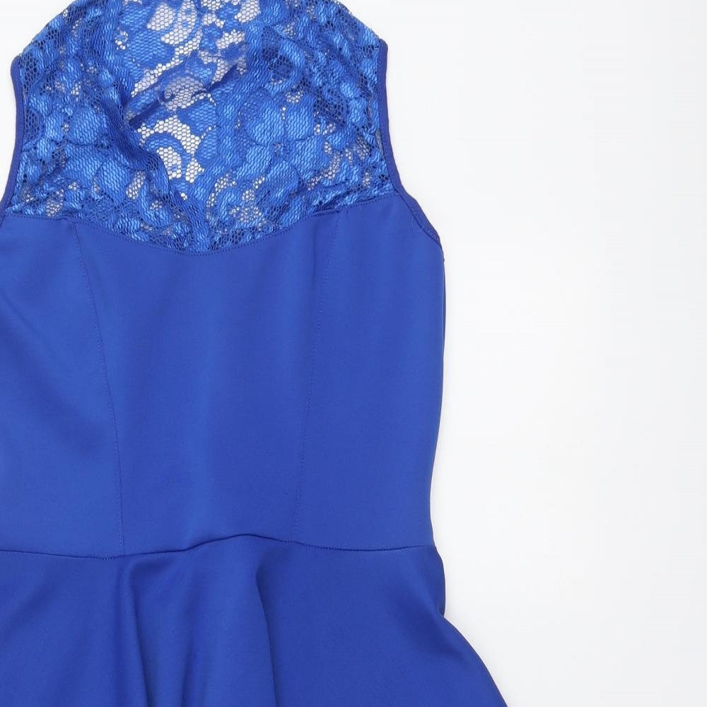 Boohoo Womens Blue Floral Polyester Skater Dress Size 14 Round Neck