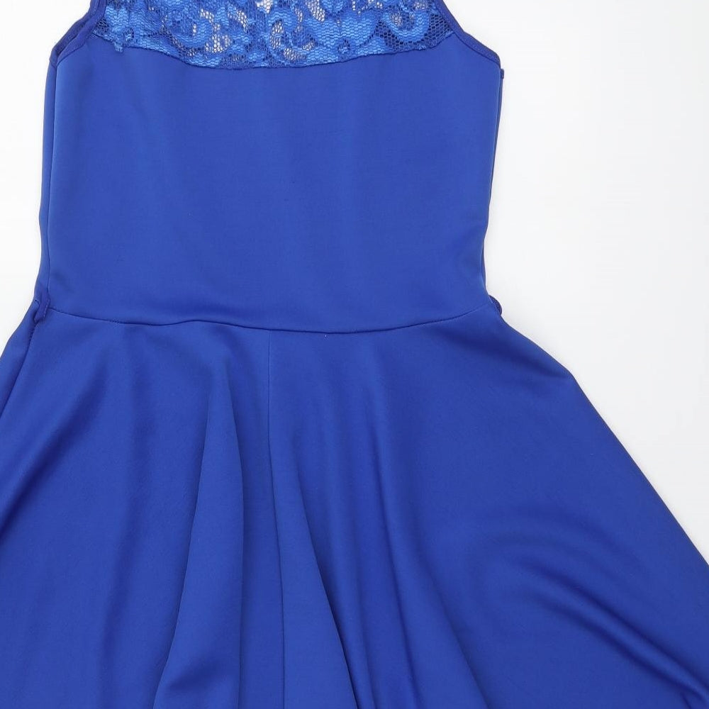Boohoo Womens Blue Floral Polyester Skater Dress Size 14 Round Neck