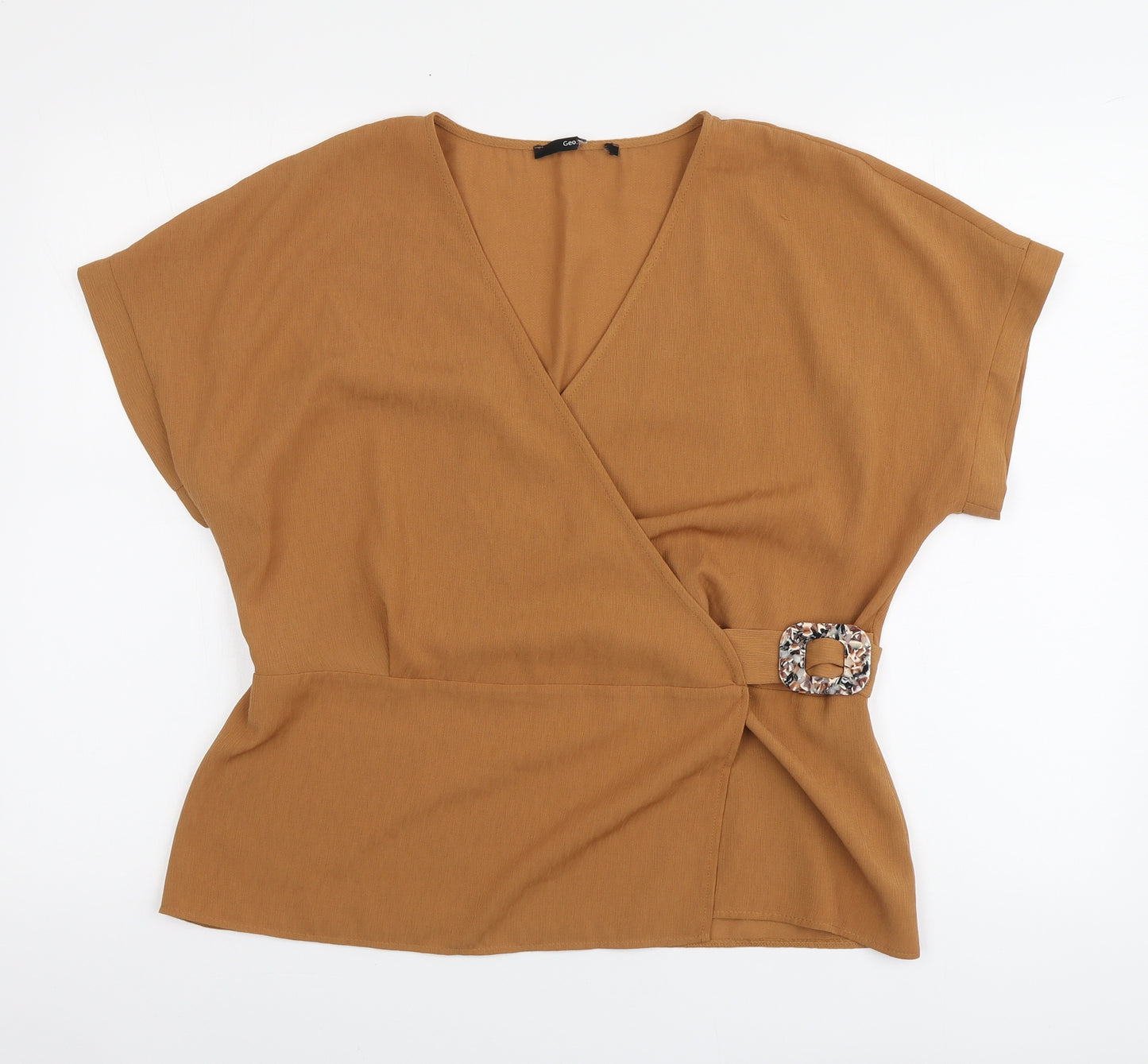 George Womens Brown Polyester Basic Blouse Size 14 V-Neck