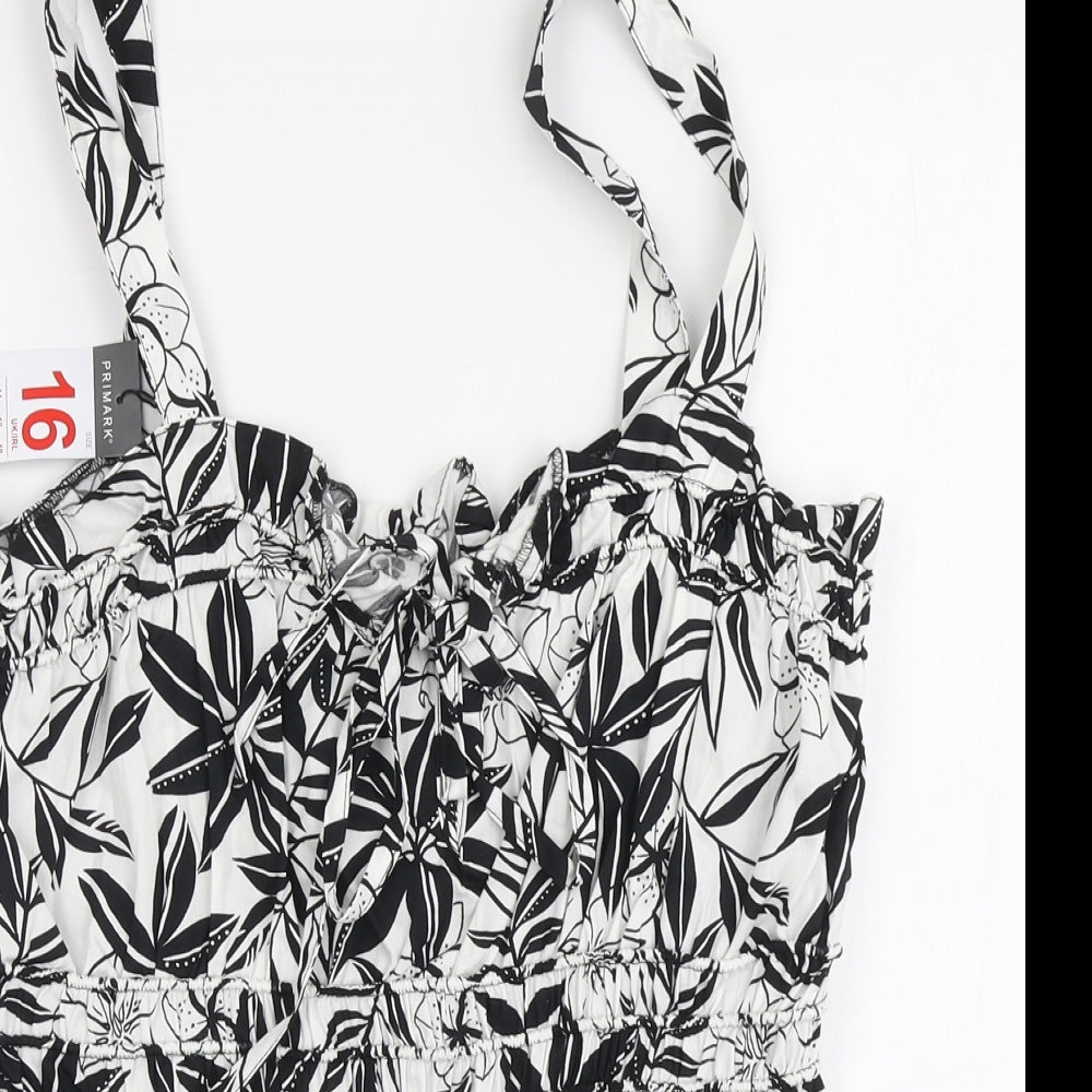 Primark Womens White Floral Cotton Basic Blouse Size 16 Square Neck