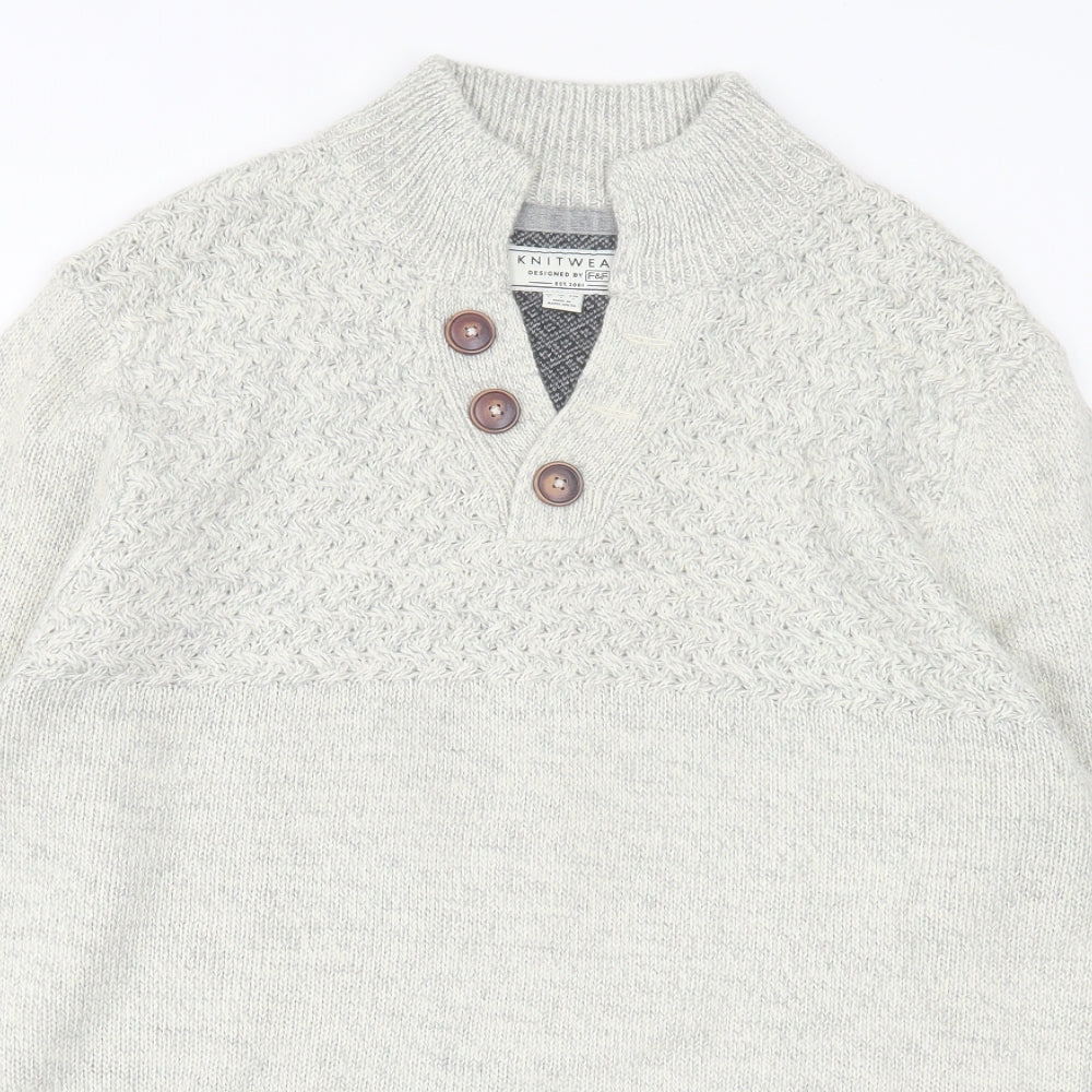 F&F Mens Grey V-Neck Acrylic Pullover Jumper Size L