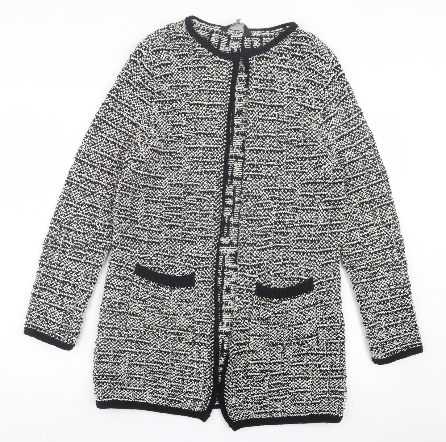 F&F Womens Black Crew Neck Geometric Cotton Cardigan Jumper Size 10 - Hook & Eye Closure. Black & White