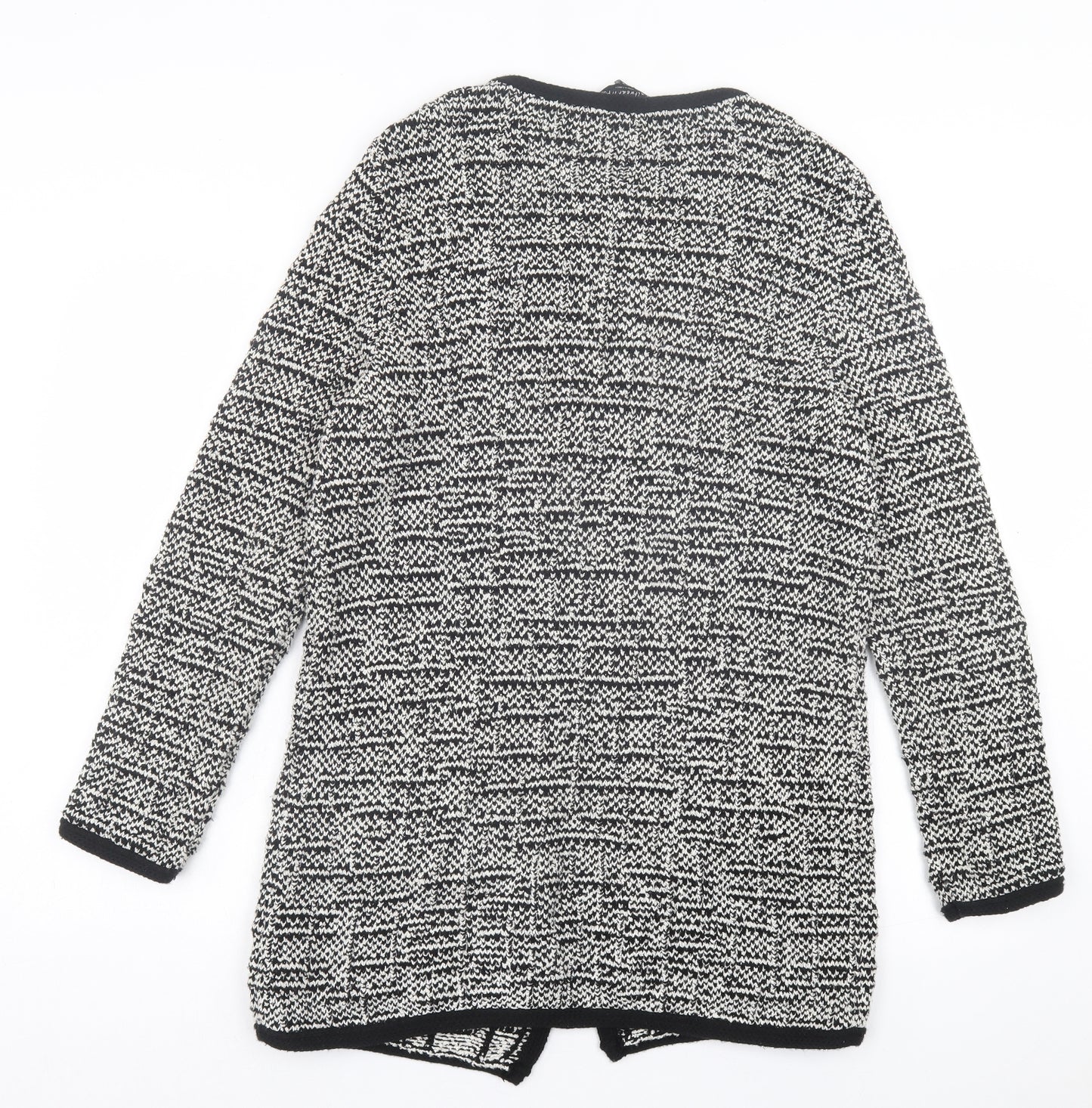 F&F Womens Black Crew Neck Geometric Cotton Cardigan Jumper Size 10 - Hook & Eye Closure. Black & White