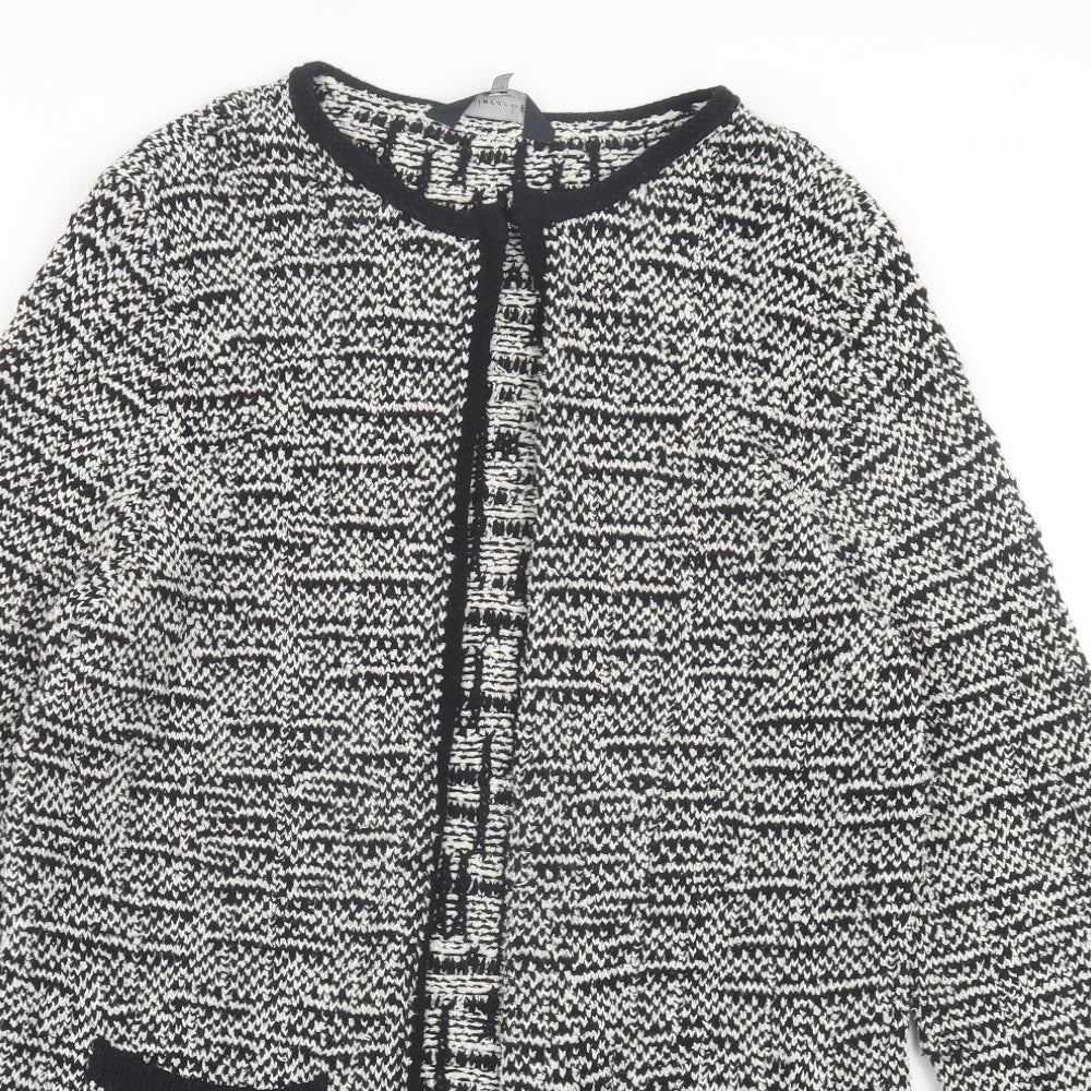 F&F Womens Black Crew Neck Geometric Cotton Cardigan Jumper Size 10 - Hook & Eye Closure. Black & White
