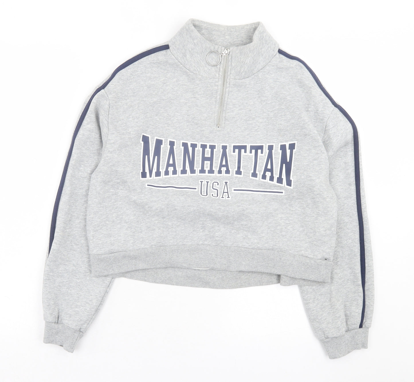 H&M Womens Grey Cotton Pullover Sweatshirt Size M Zip - Manhattan. Cropped