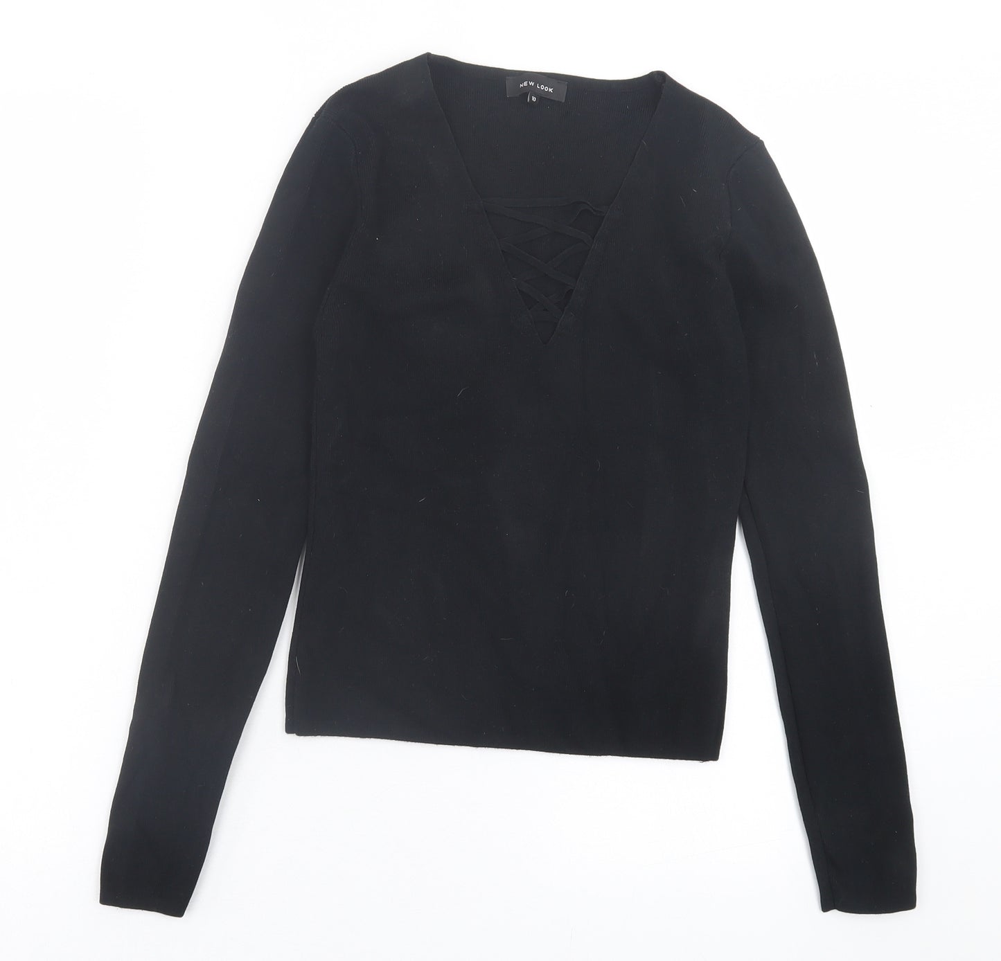 New Look Womens Black V-Neck Viscose Pullover Jumper Size 10 - Crossed Neckline