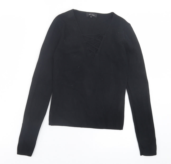 New Look Womens Black V-Neck Viscose Pullover Jumper Size 10 - Crossed Neckline
