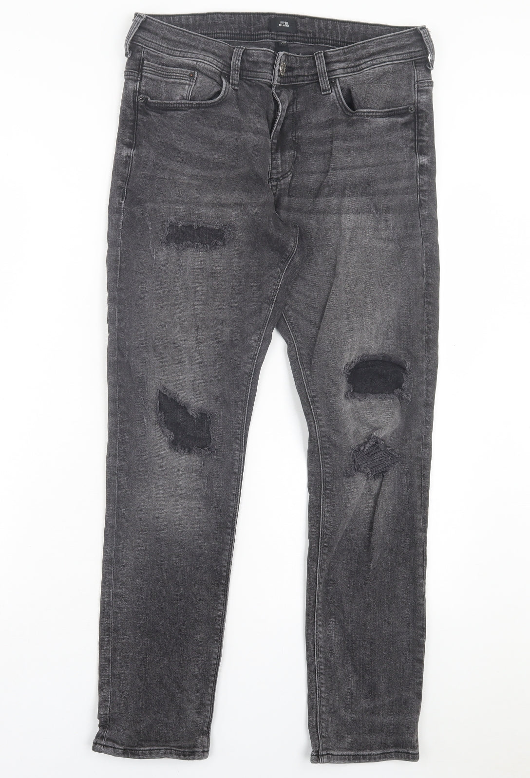 River Island Mens Black Cotton Straight Jeans Size 32 in L30 in Regular Button - Ripped Detail