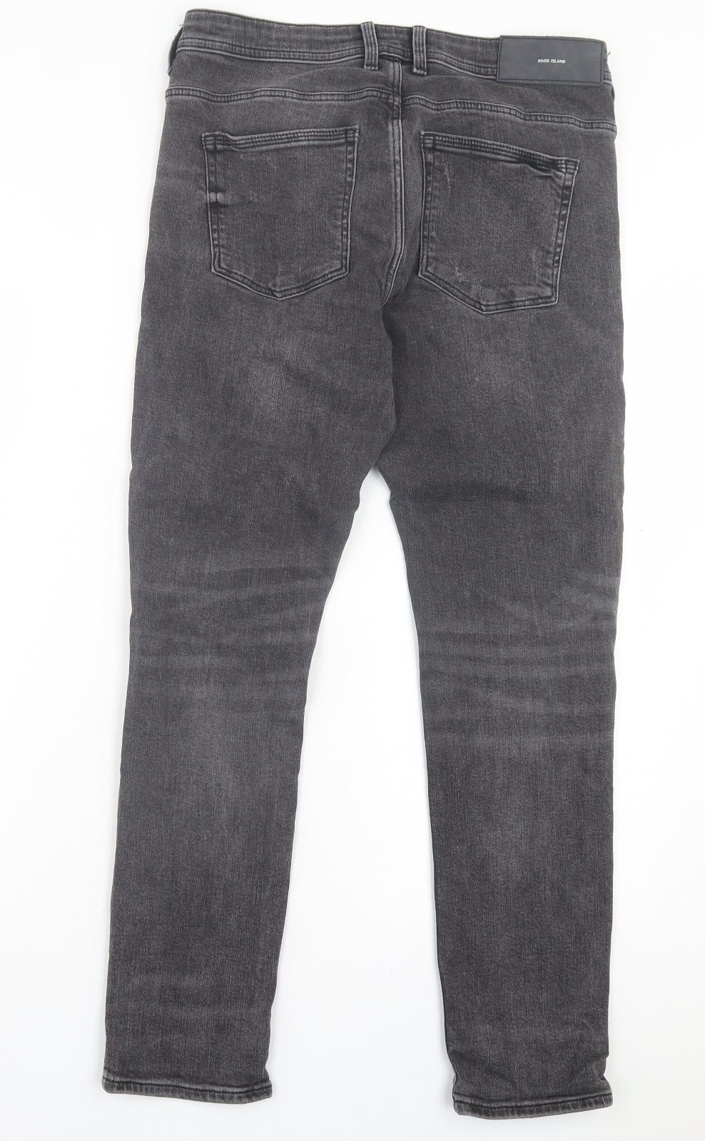 River Island Mens Black Cotton Straight Jeans Size 32 in L30 in Regular Button - Ripped Detail