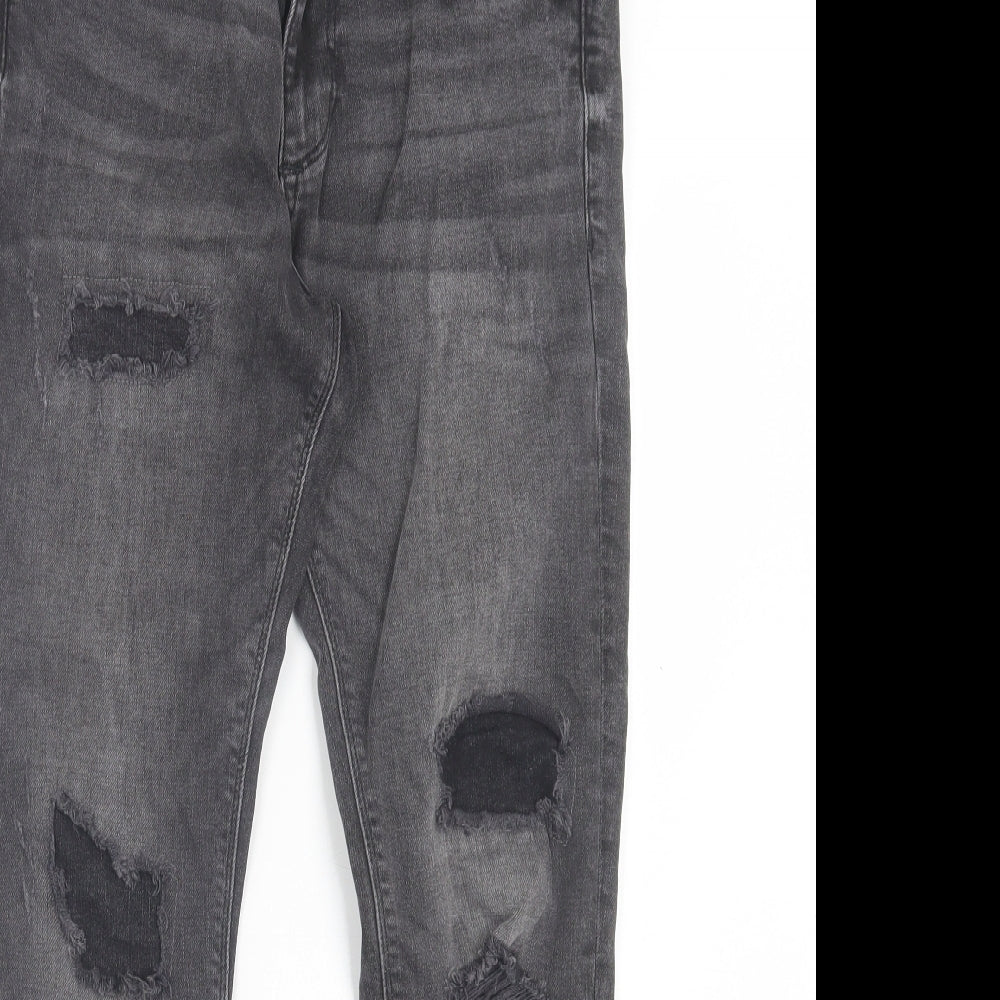 River Island Mens Black Cotton Straight Jeans Size 32 in L30 in Regular Button - Ripped Detail