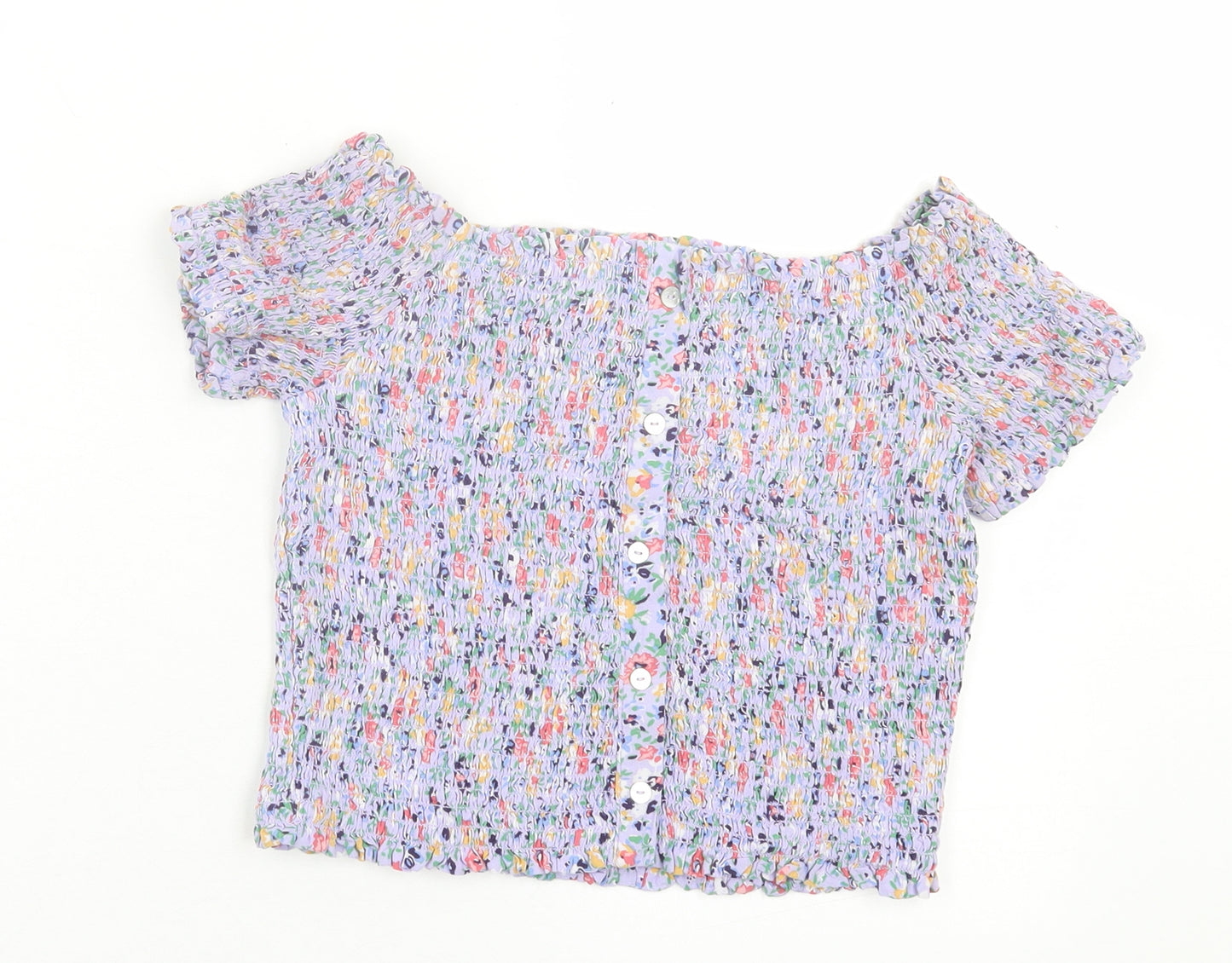 New Look Womens Purple Floral Viscose Cropped T-Shirt Size 14 Off the Shoulder