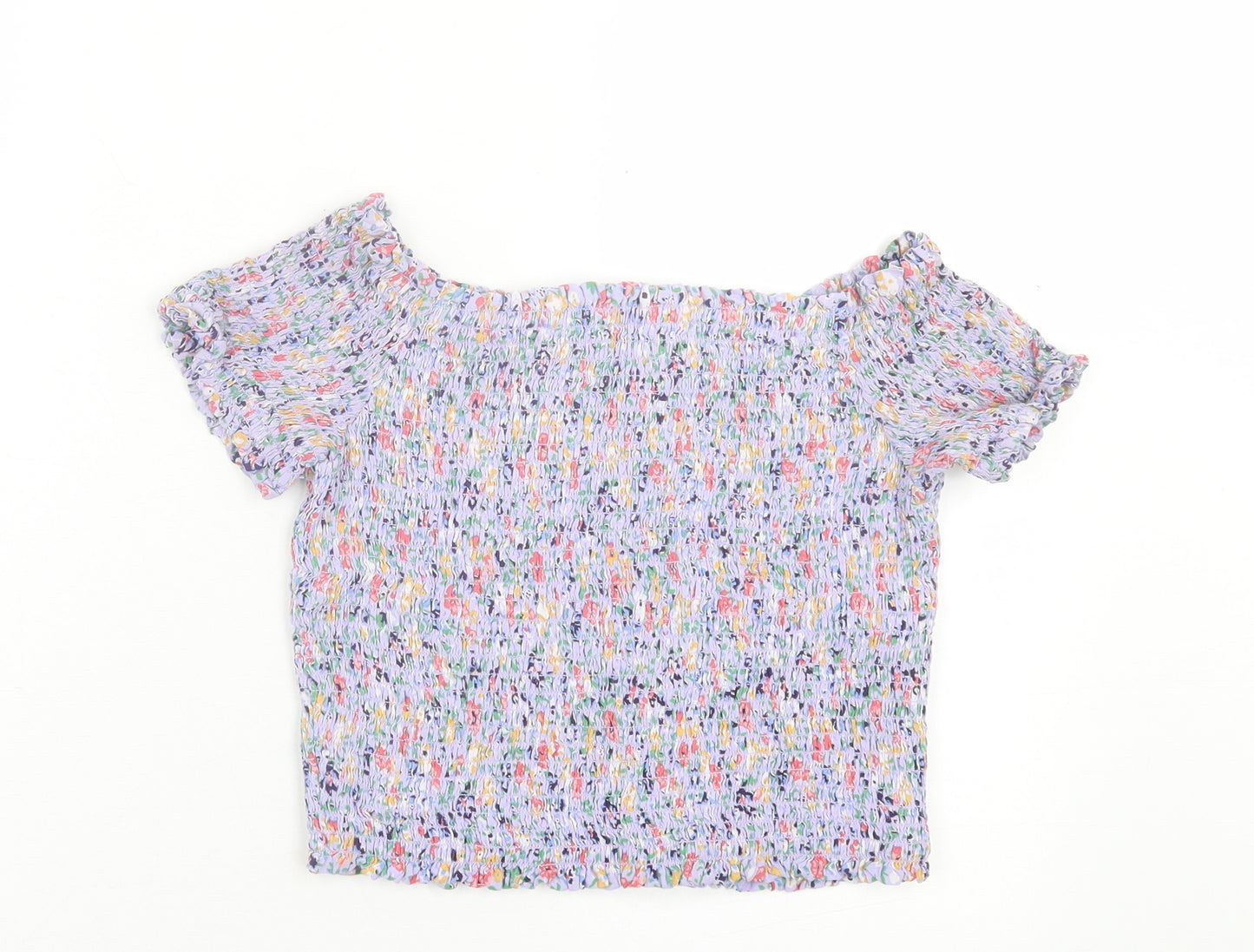 New Look Womens Purple Floral Viscose Cropped T-Shirt Size 14 Off the Shoulder