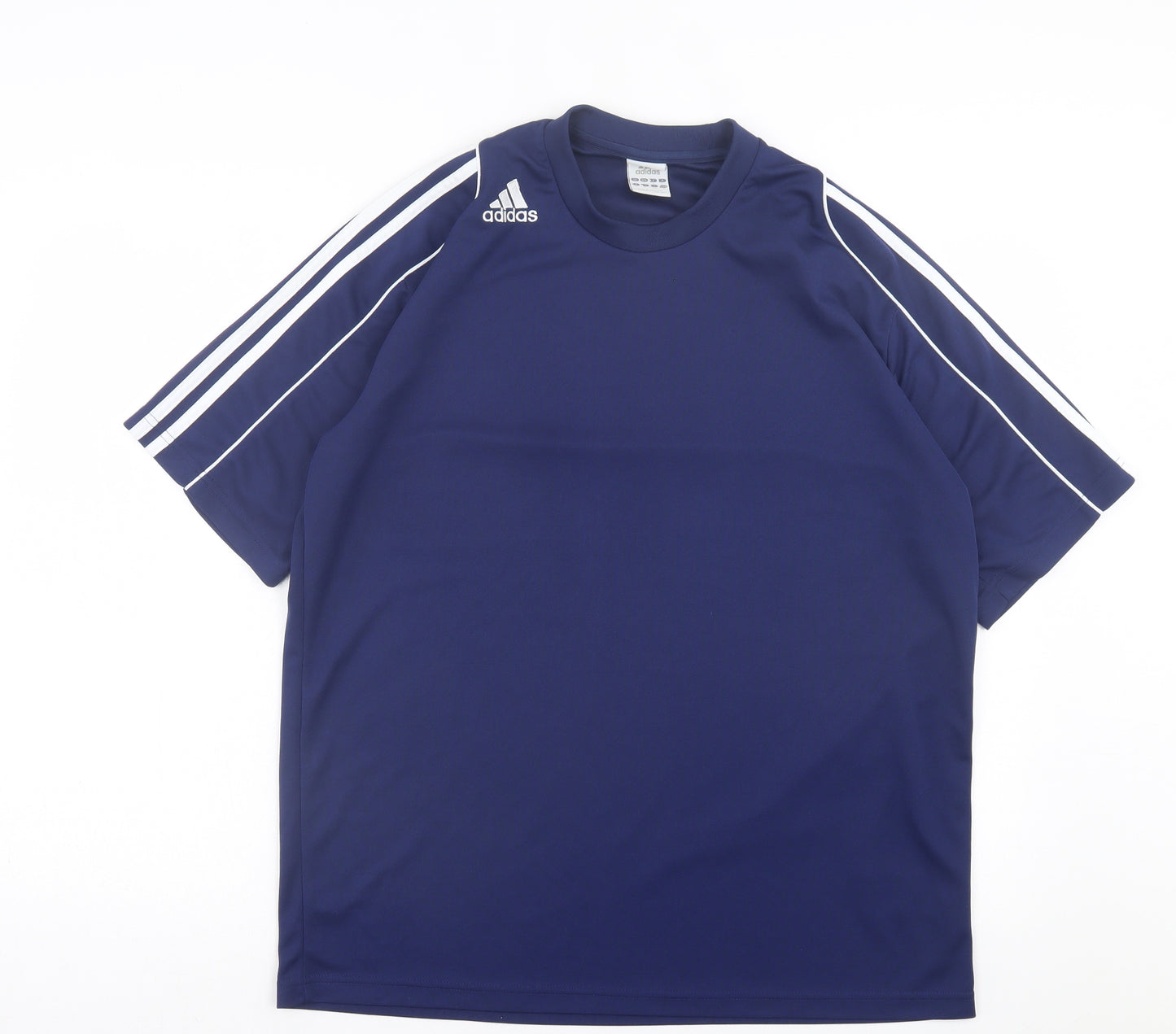 adidas Mens Blue Striped Polyester Basic T-Shirt Size L Crew Neck Pullover