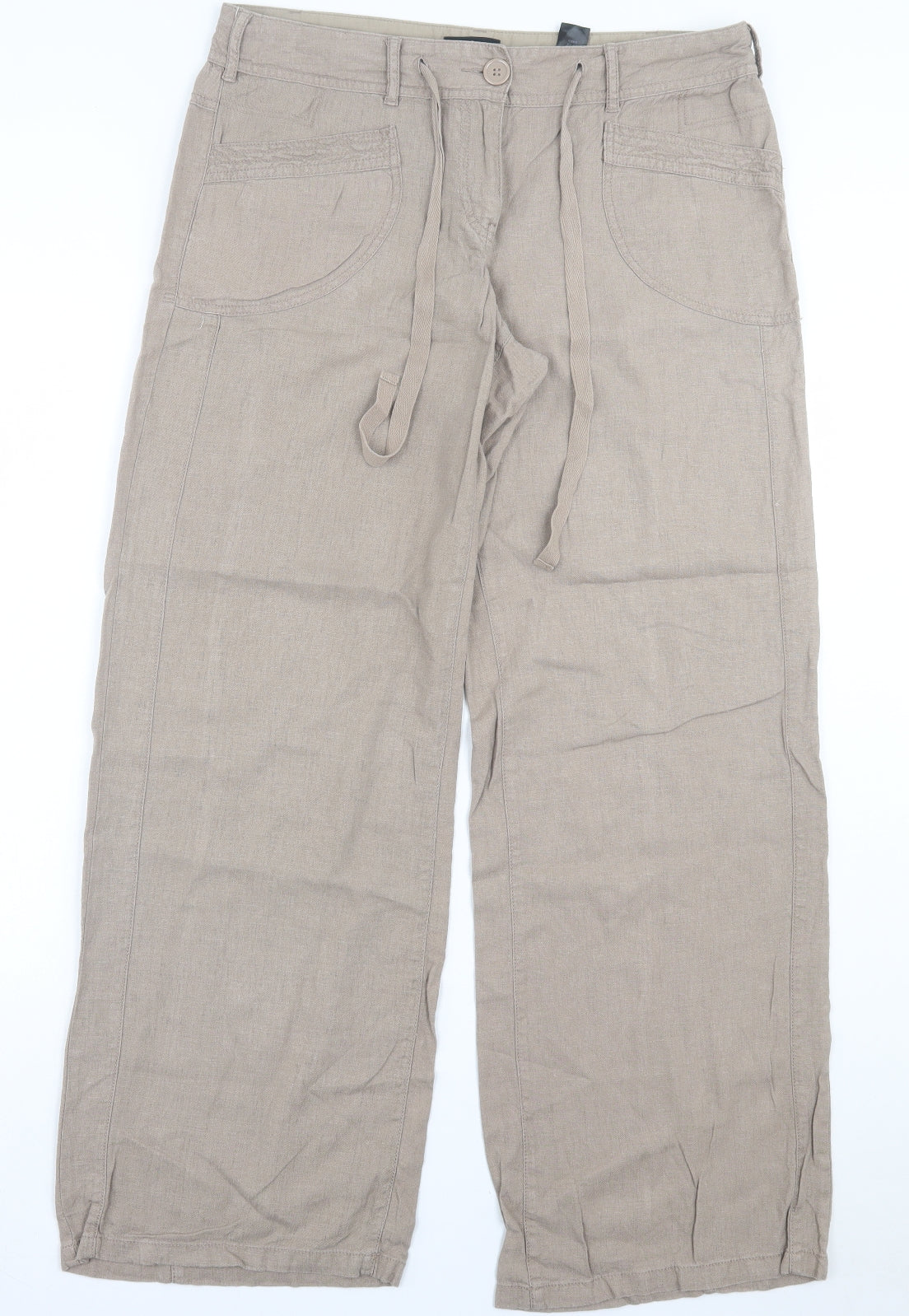 NEXT Womens Beige Linen Trousers Size 14 L32 in Regular Drawstring